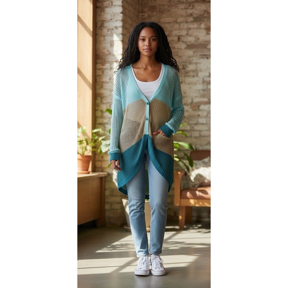 Sweater Project Women Open Knit Colorblock Cardigan High-Low Blue Teal XL NWT